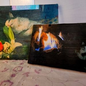 Pop Art: 2 Mini Canvas Cat Image Transfer Collages, Handmade